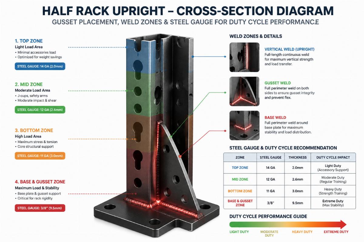 Cross-section diagram of a half rack upright showing gusset placement, weld zones, and steel gauge relevant to duty cycle performance