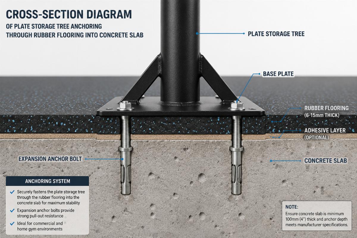 Cross-section diagram of plate storage tree anchoring through rubber flooring into concrete slab