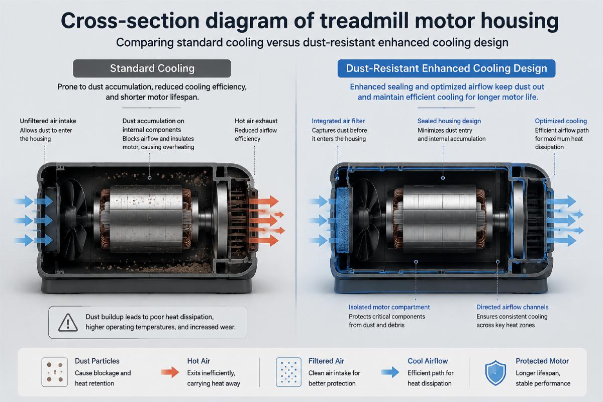 Cross-section diagram of treadmill motor housing comparing standard cooling versus dust-resistant enhanced cooling design