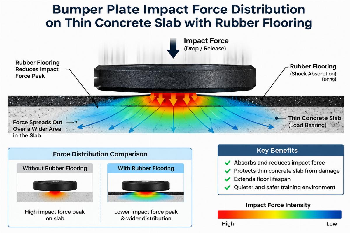 Cross-section diagram showing bumper plate impact force distribution on thin concrete slab with rubber flooring