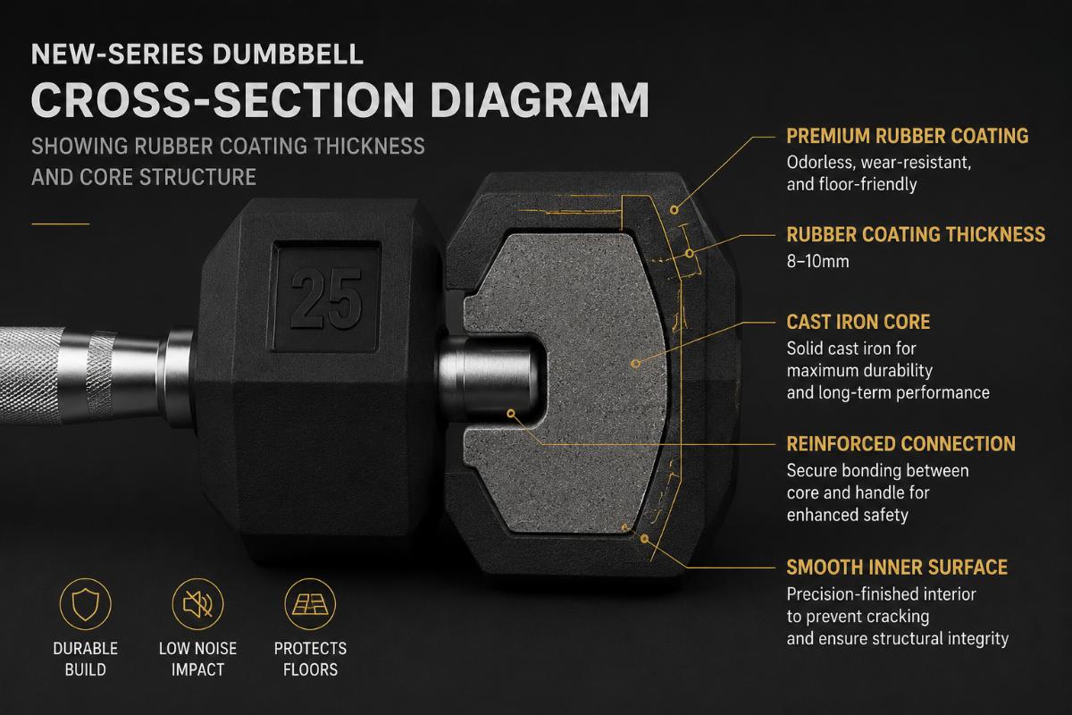 Cross-section diagram showing rubber coating thickness and core structure in new-series dumbbell