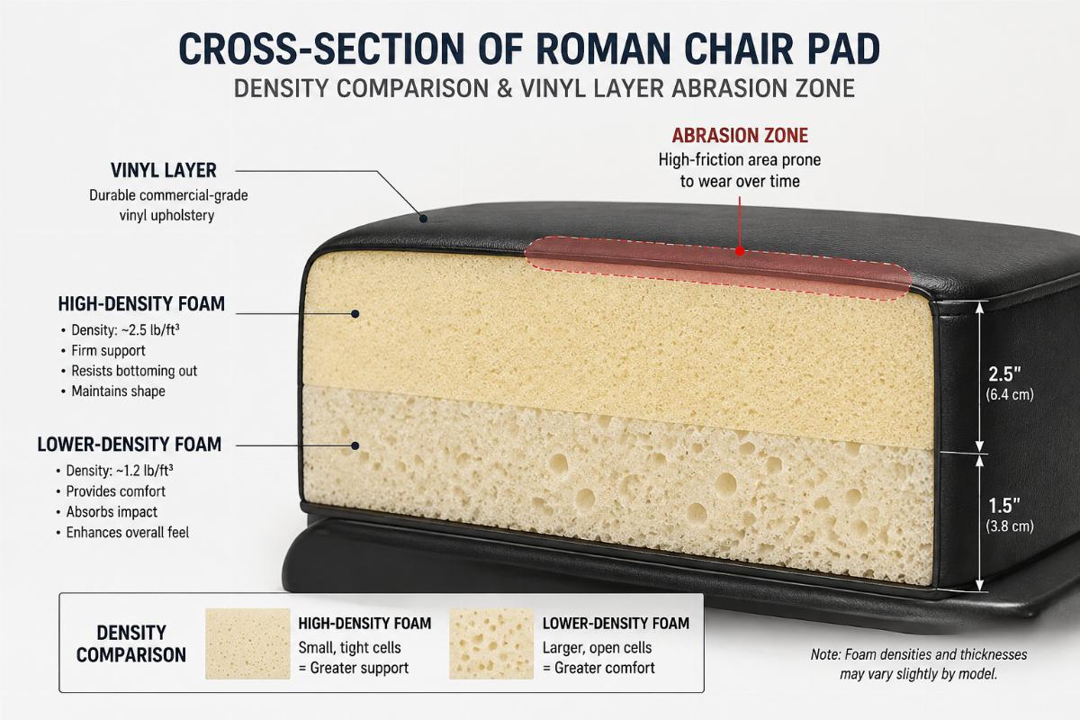 Cross-section of roman chair pad foam showing density comparison and vinyl layer abrasion zone