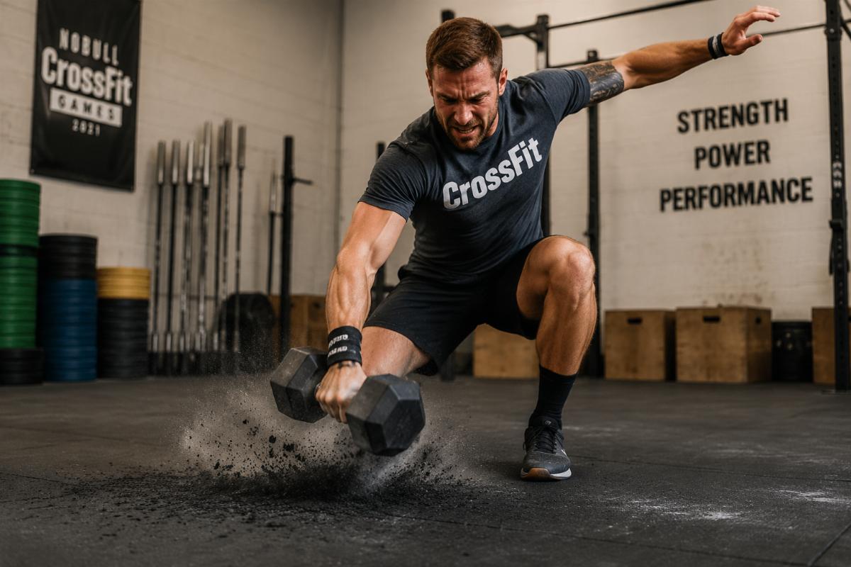 CrossFit athlete performing dumbbell snatches showing equipment impact on gym flooring