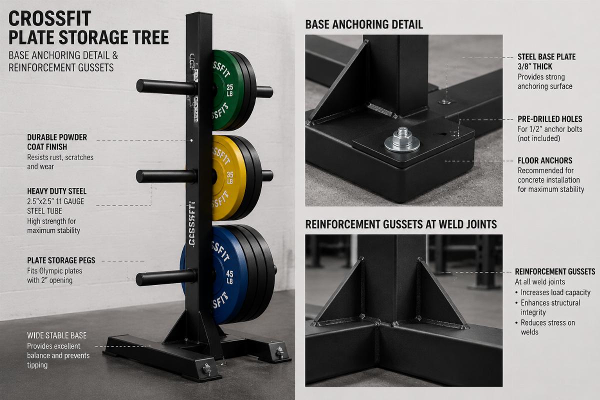 CrossFit plate storage tree showing base anchoring detail and reinforcement gussets at weld joints