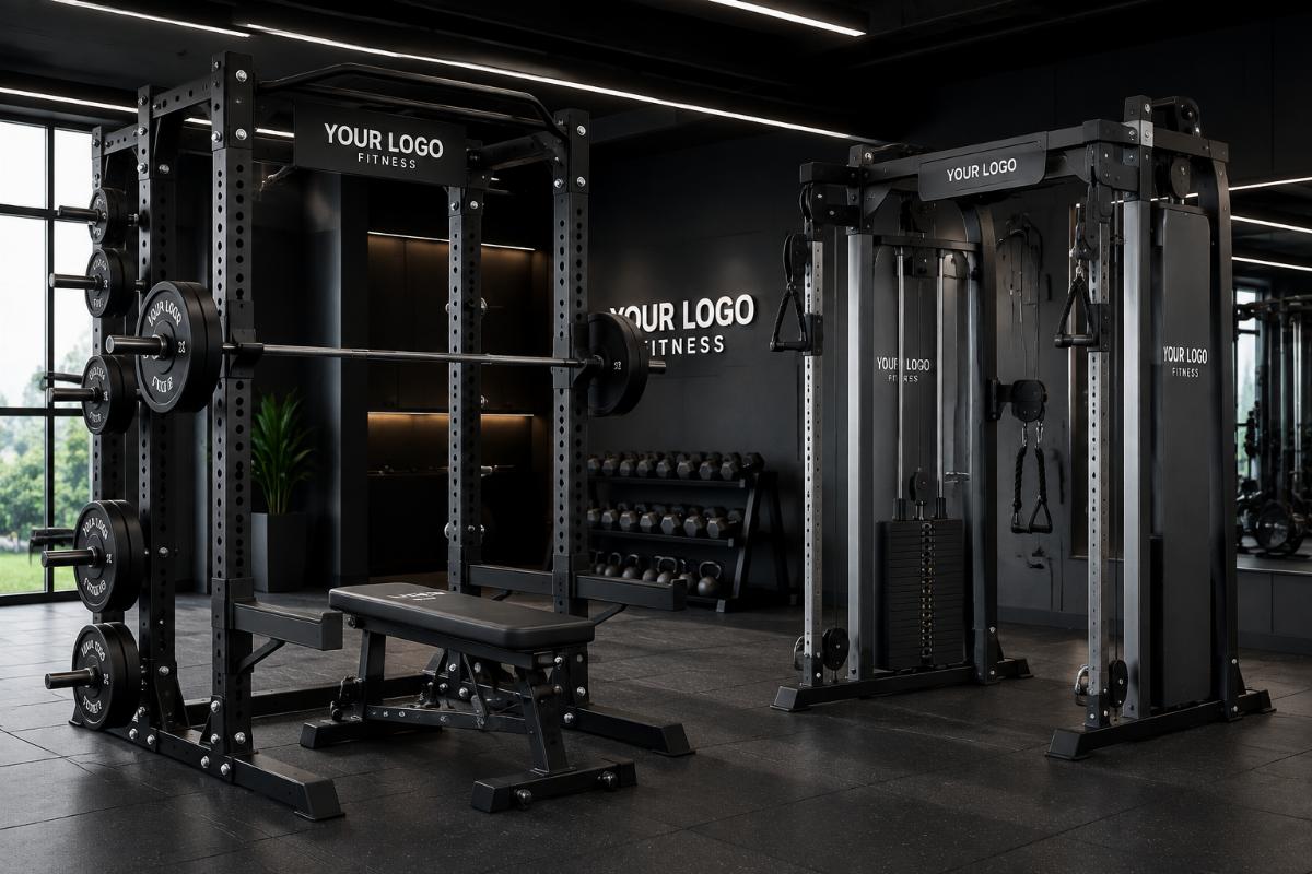 Custom-branded commercial gym equipment with private label logo on power rack and cable machine