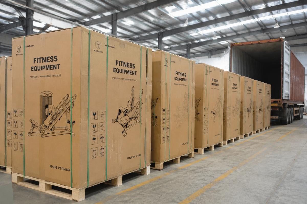 Custom branded gym equipment packaging lined up in factory warehouse ready for container loading