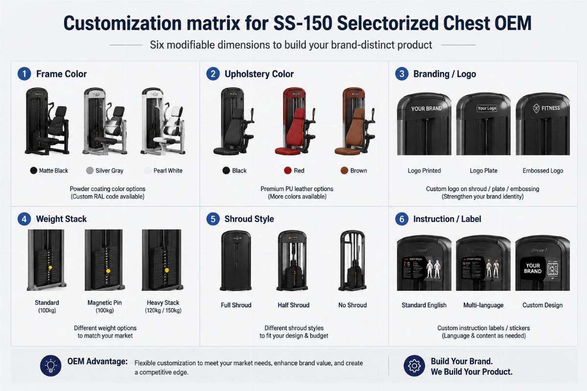 Customization matrix for SS-150 Selectorized Chest OEM showing six modifiable dimensions
