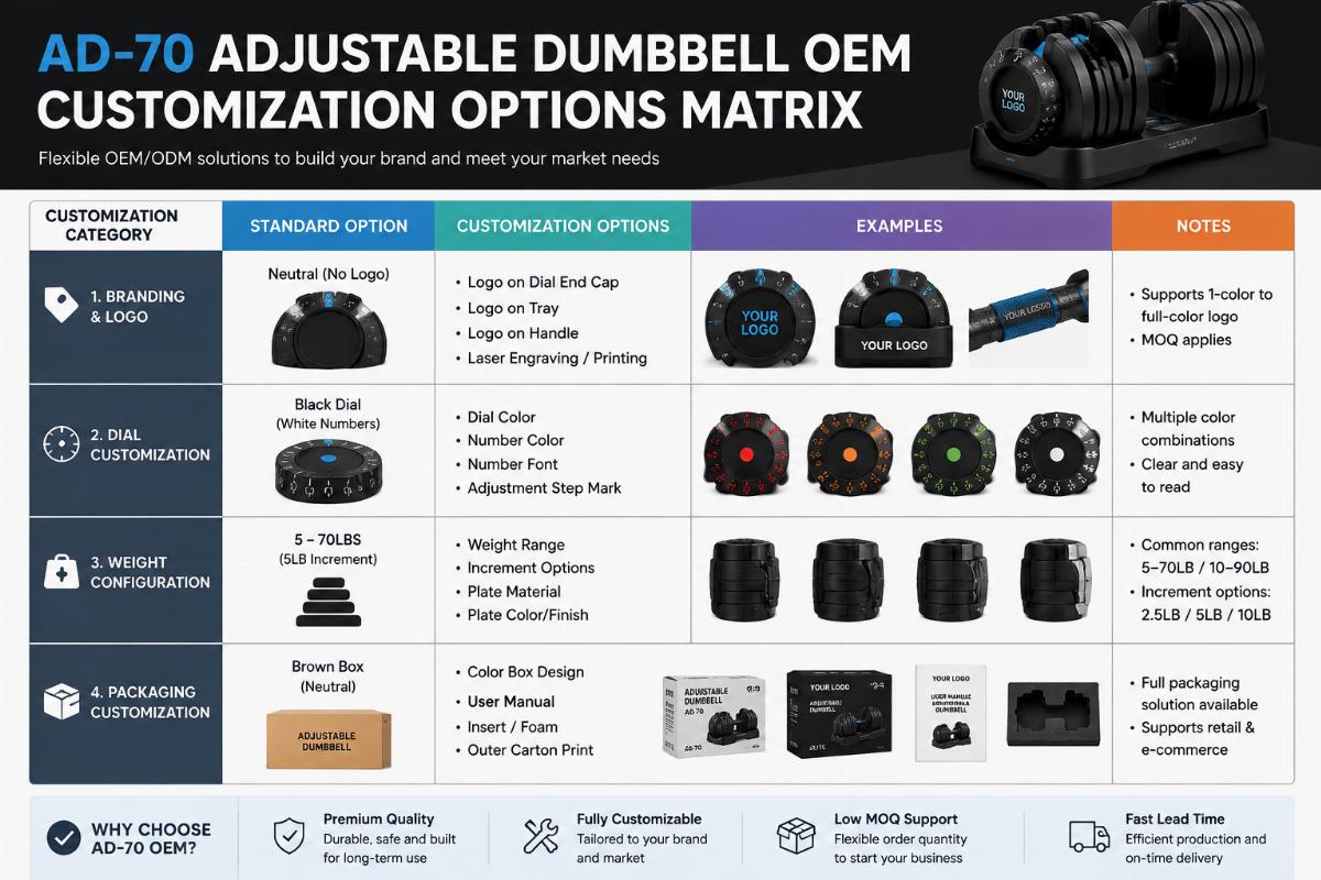 Customization options matrix for AD-70 adjustable dumbbell OEM including branding, dial, weight, and packaging