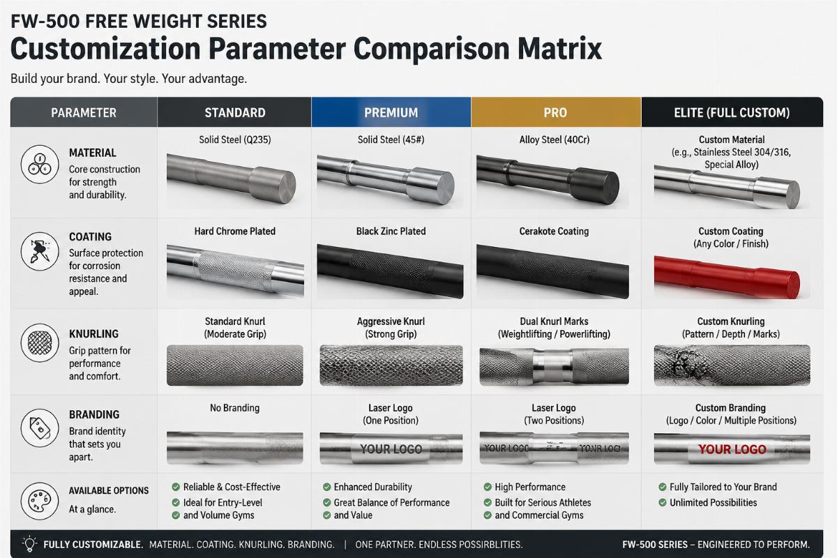 Customization parameter comparison matrix for FW-500 free weight series showing material, coating, knurling, and branding options