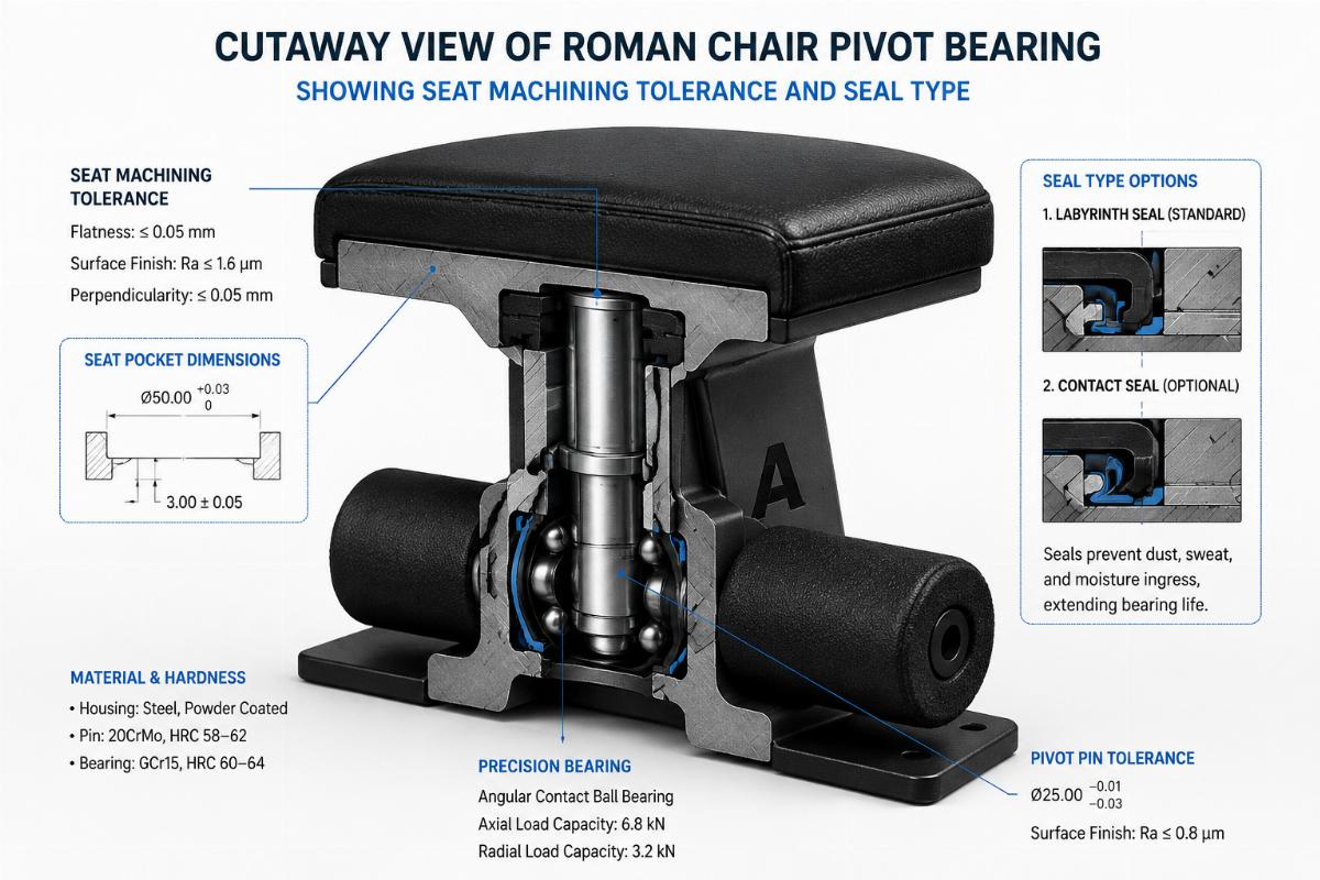 Cutaway view of a roman chair pivot bearing showing seat machining tolerance and seal type