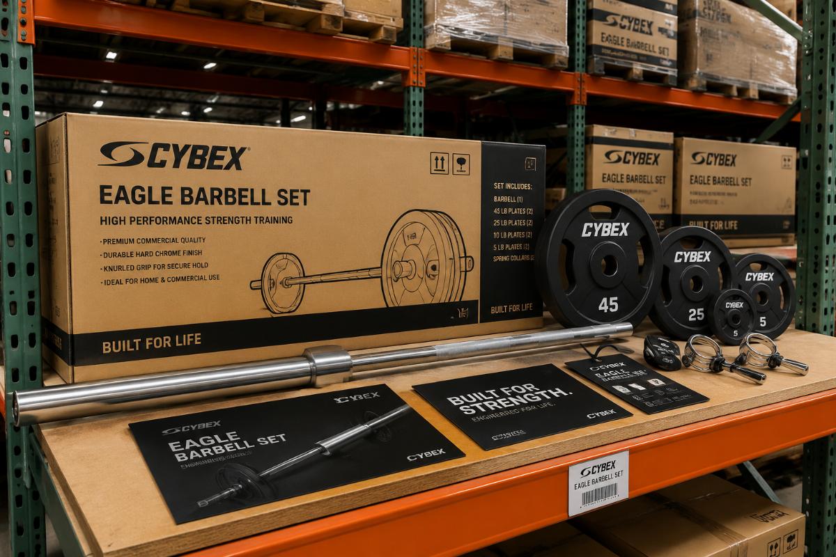 Cybex Eagle barbell set packaging and branding elements on warehouse shelf