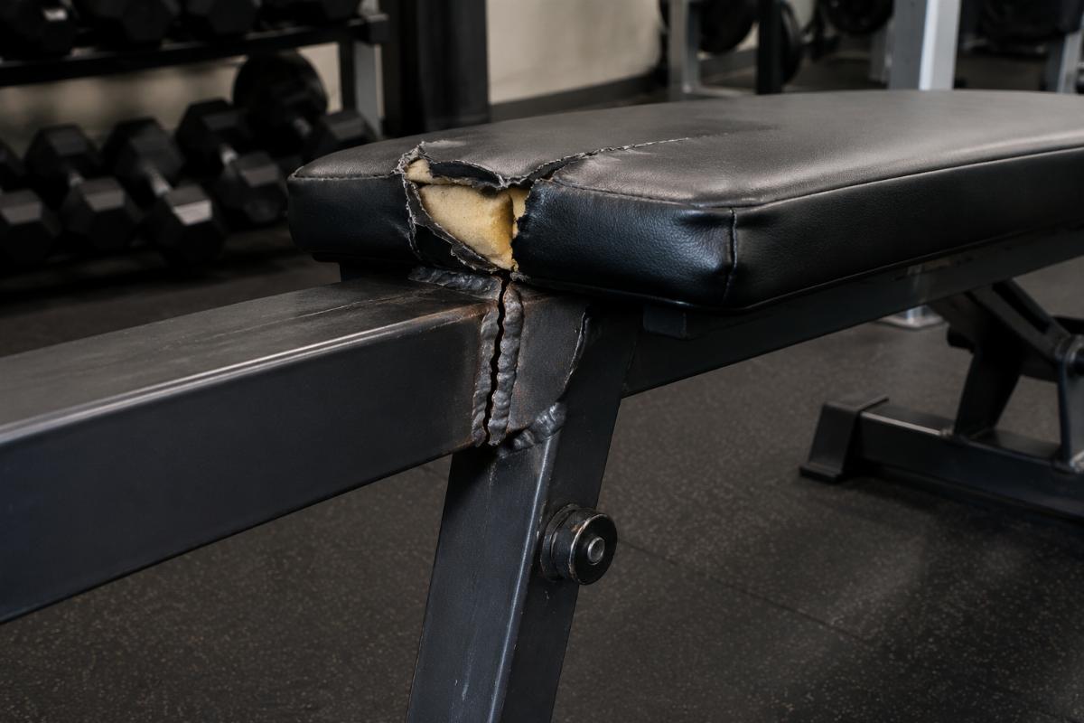 Damaged gym bench with cracked weld seam and split upholstery padding