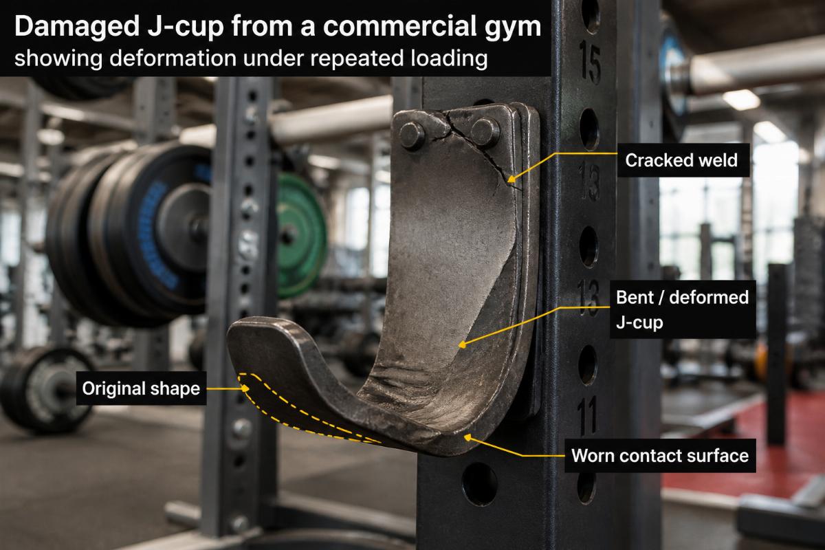 Damaged J-cup from a commercial gym showing deformation under repeated loading