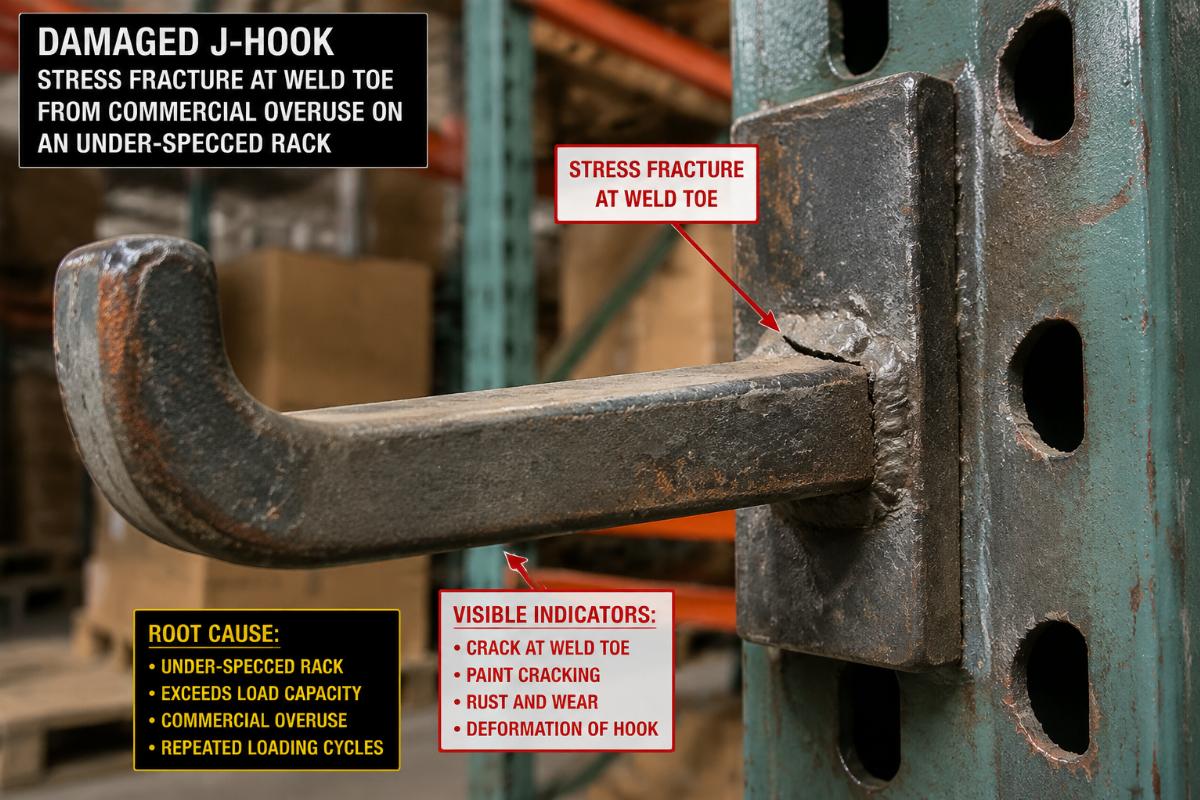 Damaged J-hook showing stress fracture at weld toe from commercial overuse on an under-specced rack