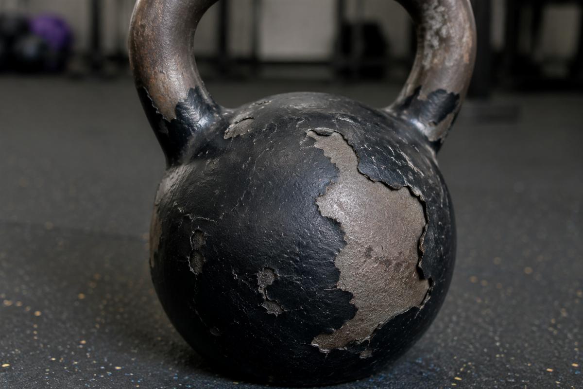 Damaged kettlebell coating showing adhesion failure after commercial use