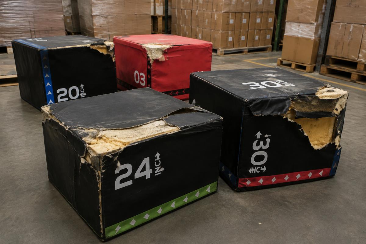 Damaged plyo boxes in a warehouse showing foam compression and surface tearing from inadequate packaging