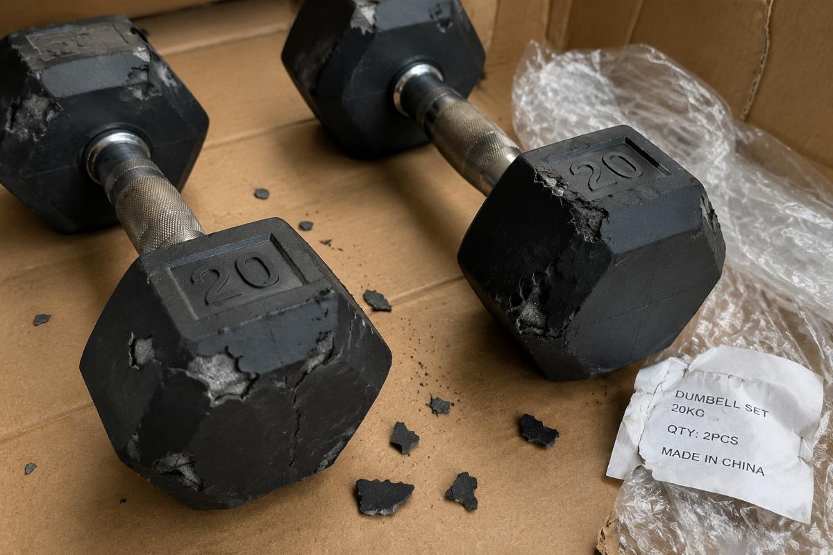 Damaged rubber coated dumbbells showing rubber chipping, knurling wear, and packaging issues from poor quality control