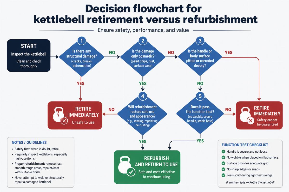 Decision flowchart for kettlebell retirement versus refurbishment