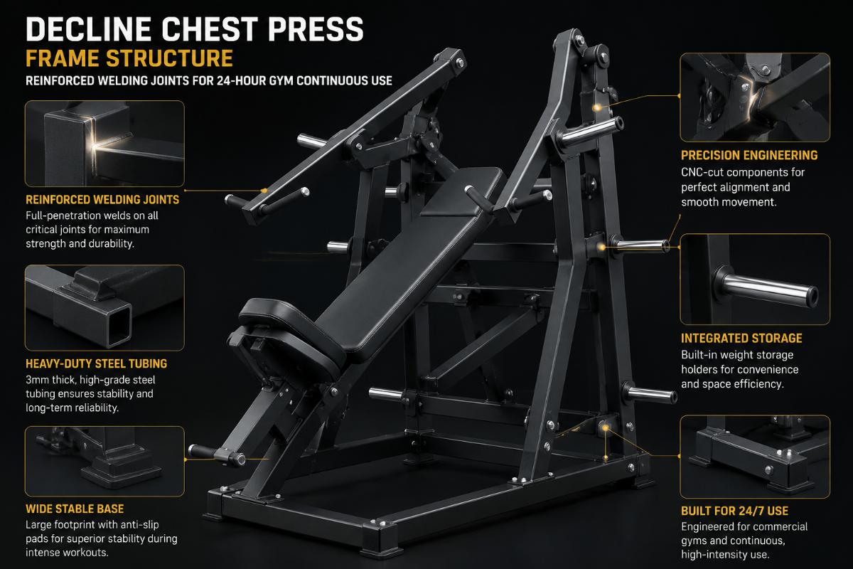 Decline chest press frame structure with reinforced welding joints for 24-hour gym continuous use