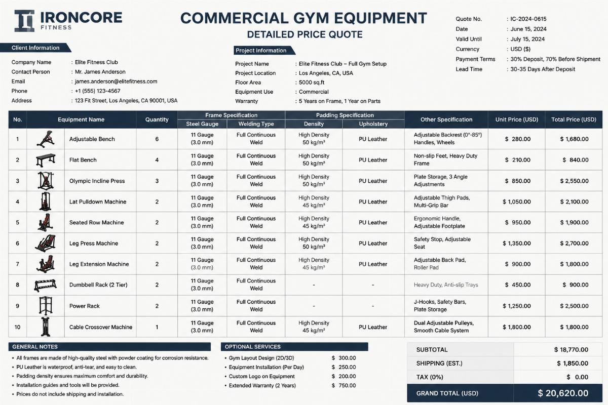 Detailed multi-station gym price quote document showing itemized steel gauge welding type and padding density specifications