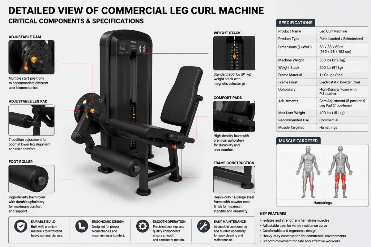 Detailed view of commercial leg curl machine critical components and specifications