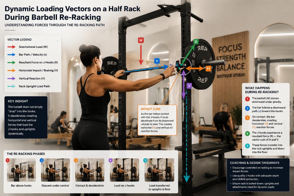 Diagram illustrating dynamic loading vectors on a half rack during barbell re-racking in a boutique studio class setting