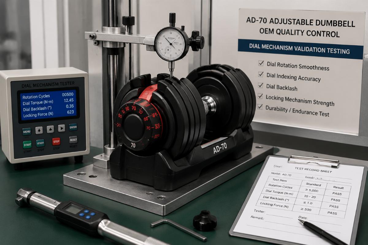 Dial mechanism validation testing setup for AD-70 adjustable dumbbell OEM quality control