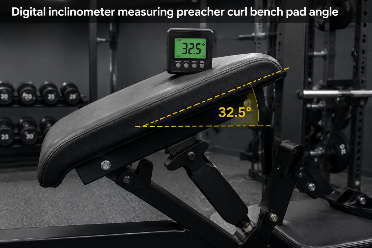 Digital inclinometer measuring preacher curl bench pad angle
