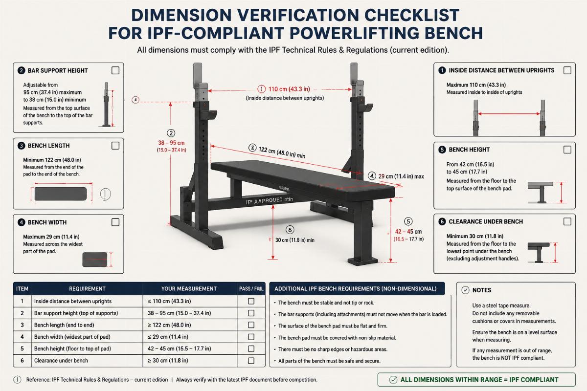 Dimension verification checklist for IPF-compliant powerlifting bench