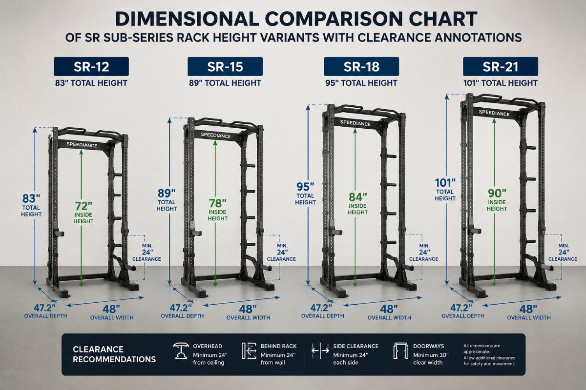 Dimensional comparison chart of SR sub-series rack height variants with clearance annotations