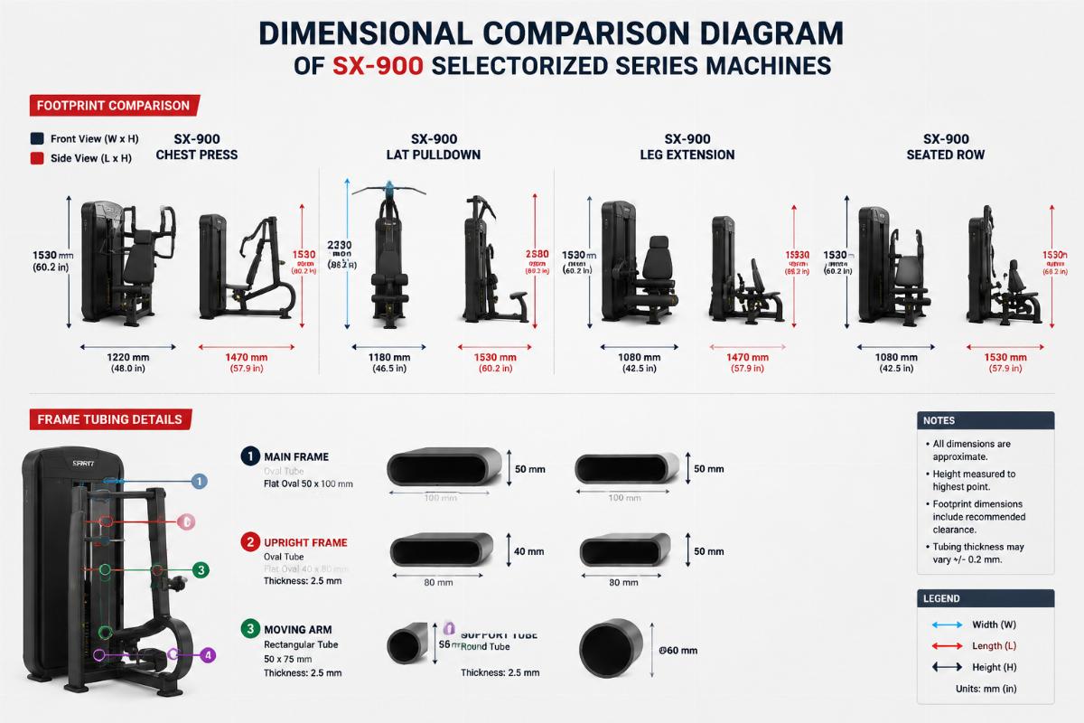 Dimensional comparison diagram of SX-900 selectorized series machines showing footprint and frame tubing details
