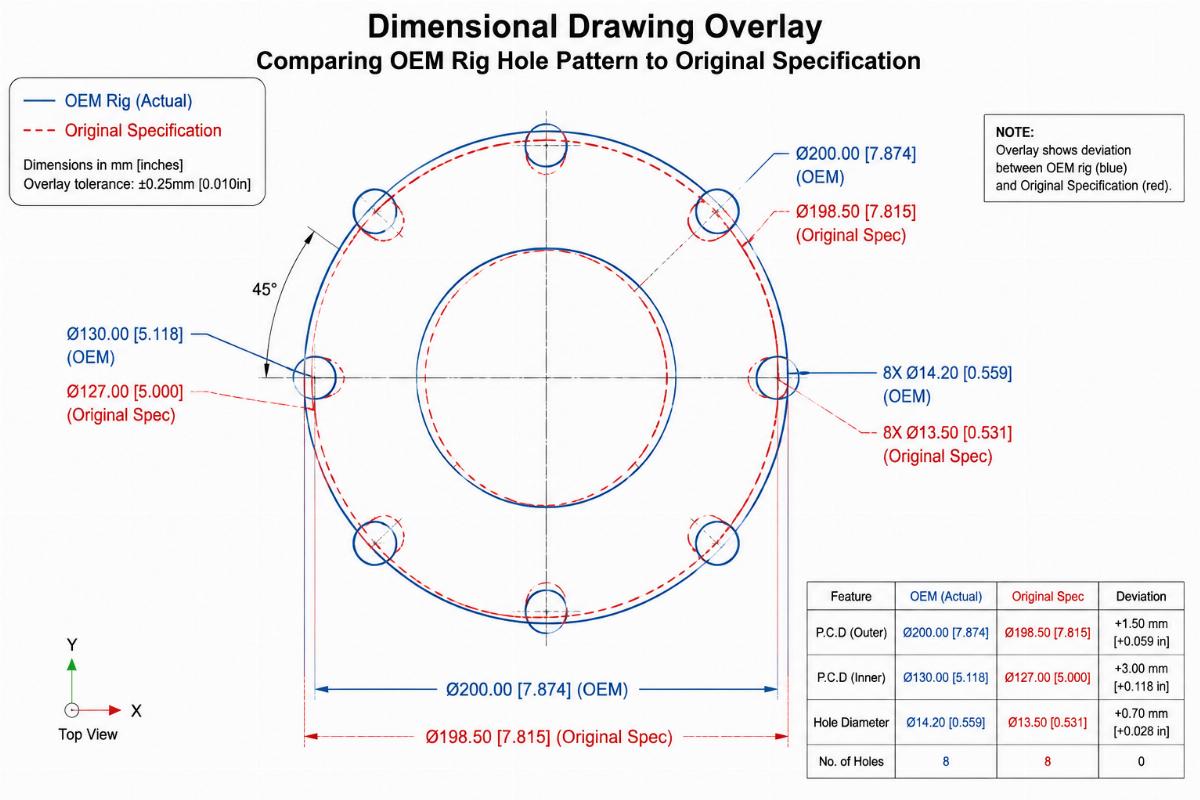 Dimensional drawing overlay comparing OEM rig hole pattern to original specification