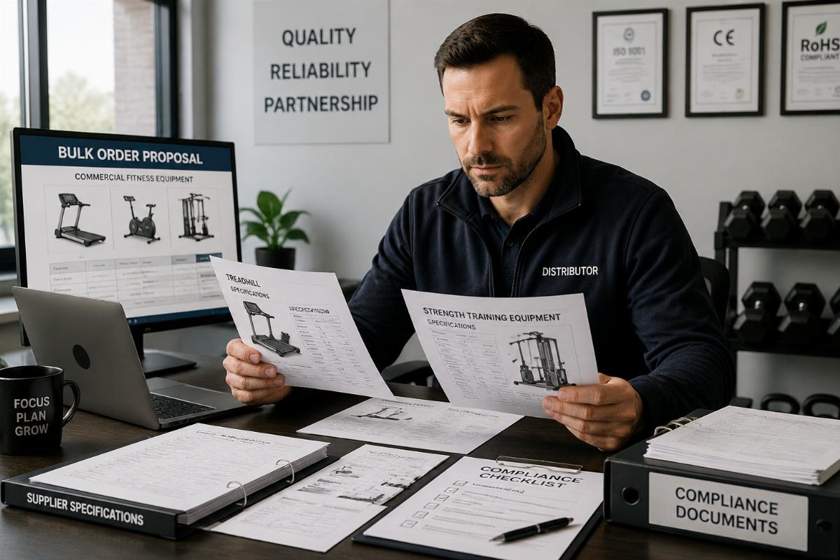 Distributor reviewing spec sheets and compliance documents before placing a bulk exercise equipment order