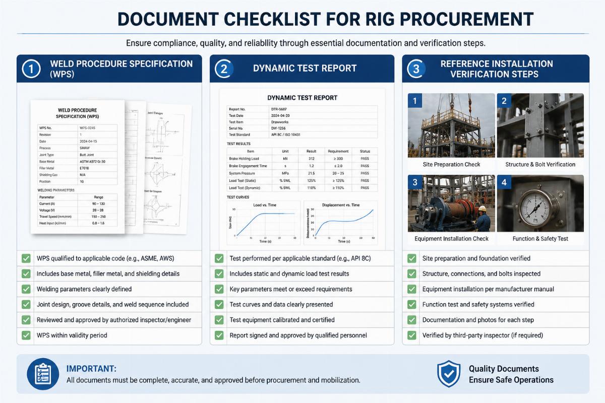 Document checklist showing weld procedure specification, dynamic test report, and reference installation verification steps for rig procurement