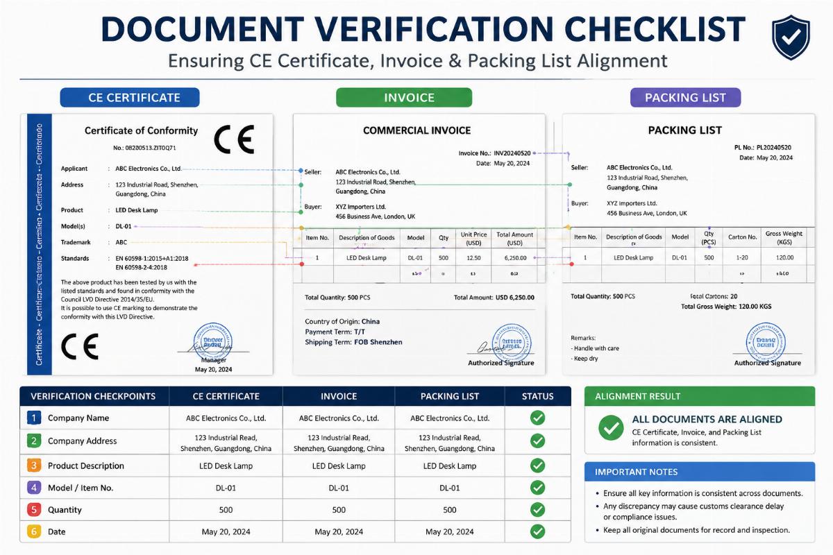 Document verification checklist showing CE certificate invoice and packing list alignment