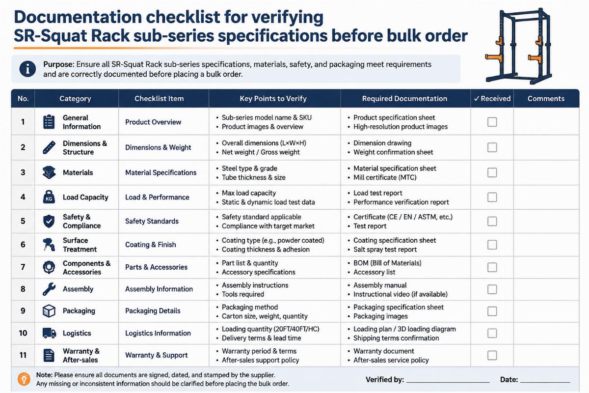 Documentation checklist for verifying SR-Squat Rack sub-series specifications before bulk order