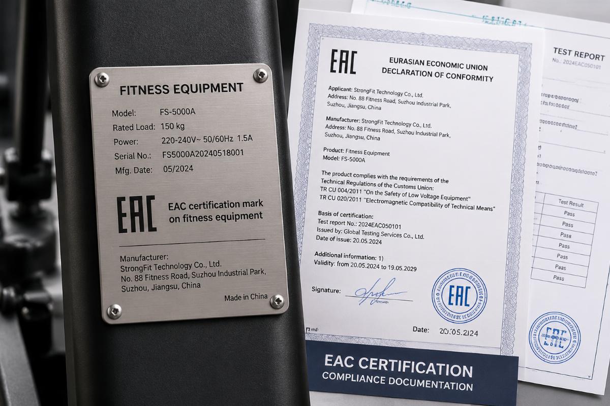 EAC certification mark on fitness equipment nameplate with compliance documentation