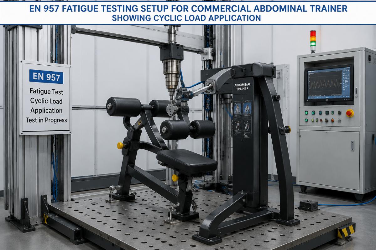 EN 957 fatigue testing setup for commercial abdominal trainer showing cyclic load application