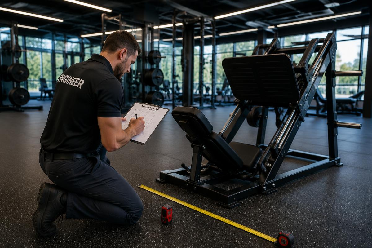 Engineer taking field measurements at a professional sports facility for leg press machine installation planning