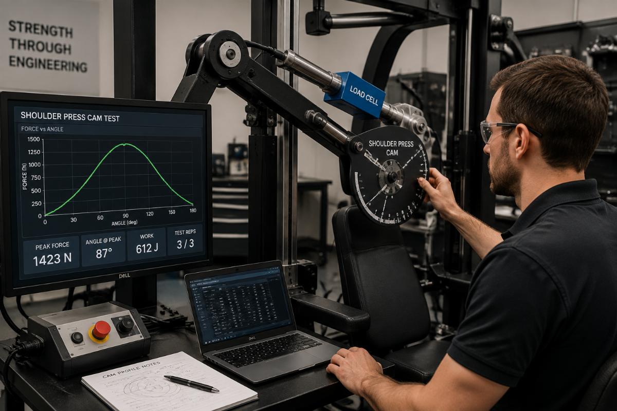 Engineer testing a shoulder press cam profile on a load-cell dynamometer rig