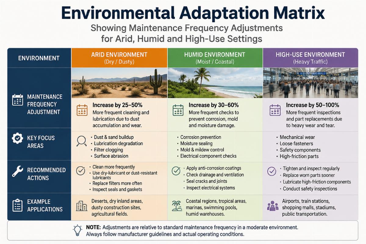 Environmental adaptation matrix showing maintenance frequency adjustments for arid humid and high-use settings