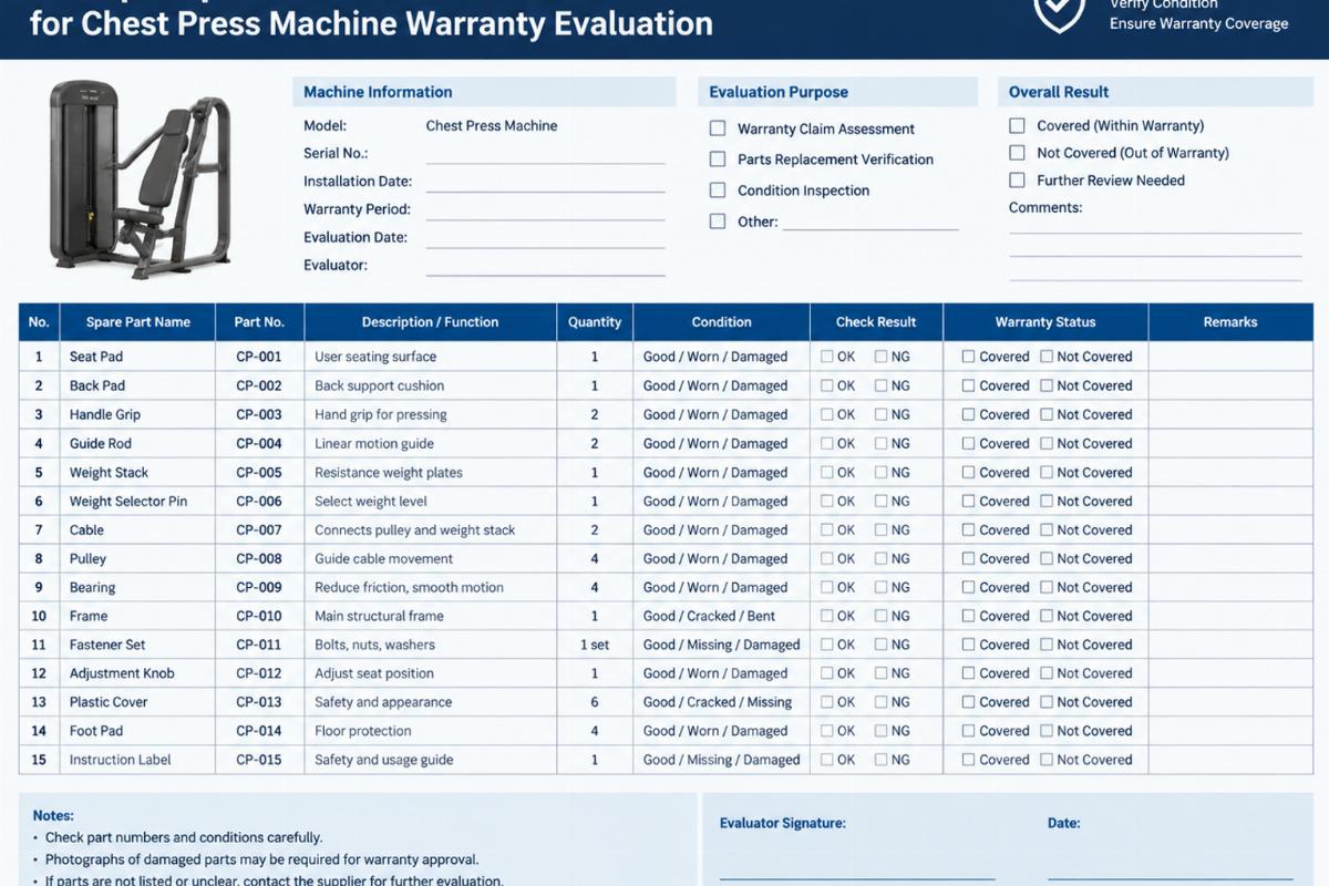 Example spare parts list checklist for chest press machine warranty evaluation