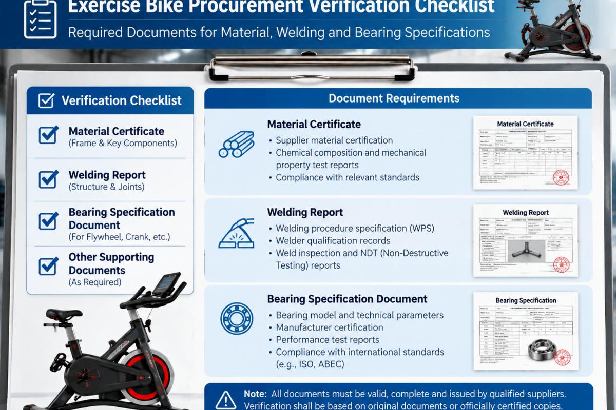 Exercise bike procurement verification checklist showing material certificate welding report and bearing specification document requirements