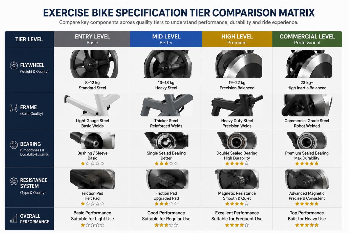 Exercise bike specification tier comparison matrix showing flywheel frame bearing and resistance system quality levels
