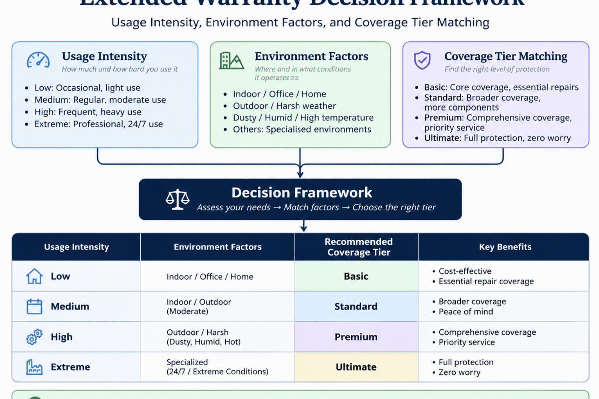 Extended warranty decision framework showing usage intensity, environment factors, and coverage tier matching