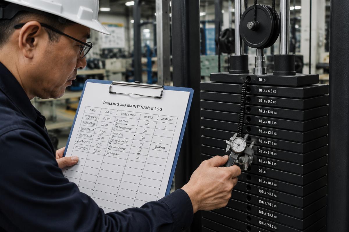 Factory auditor reviewing drilling jig maintenance log and measuring pin-to-bore fit on a functional trainer weight stack