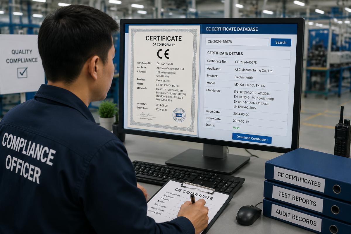 Factory compliance officer checking CE certificate details against a digital database on a computer screen