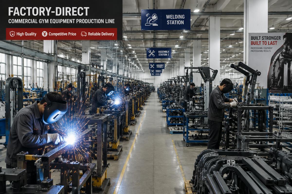 Factory-direct commercial gym equipment production line showing welding and assembly stations