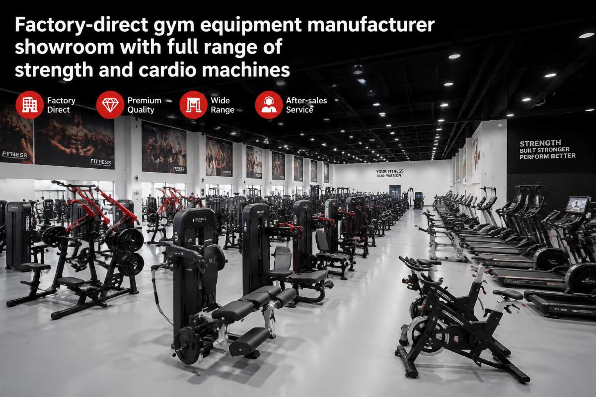 Factory-direct gym equipment manufacturer showroom with full range of strength and cardio machines