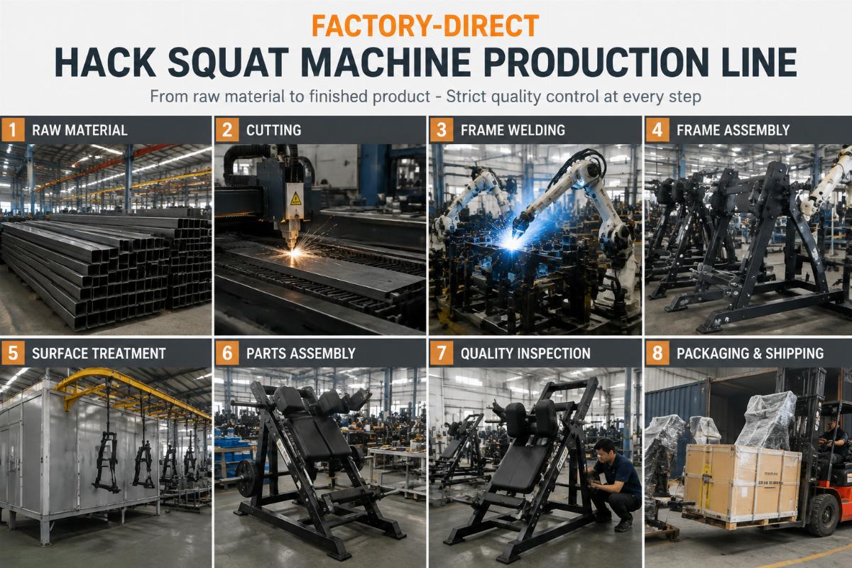 Factory-direct hack squat machine production line showing manufacturing process